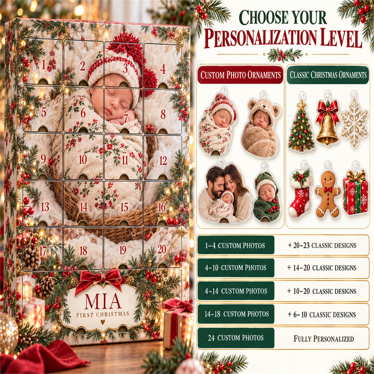 Personalized Newborn First Christmas Advent Calendar with 24 Photo Ornaments