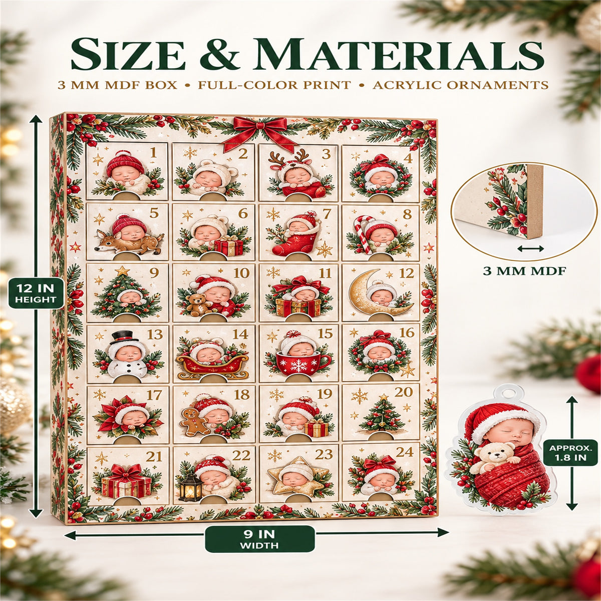 Personalized Newborn First Christmas Advent Calendar with 24 Photo Ornaments