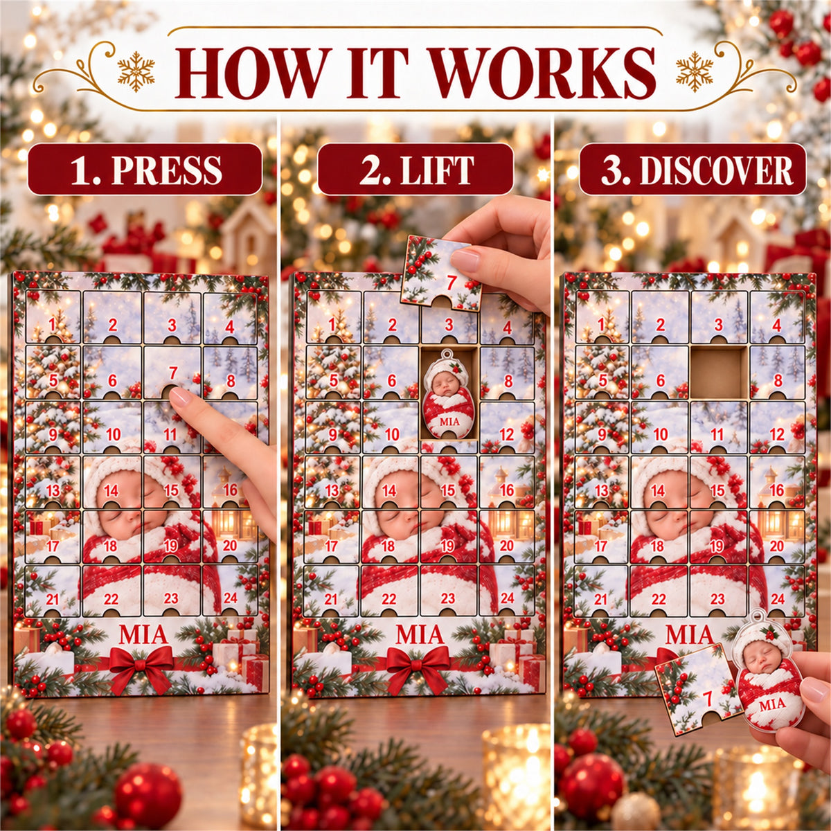 Personalized Newborn First Christmas Advent Calendar with 24 Photo Ornaments