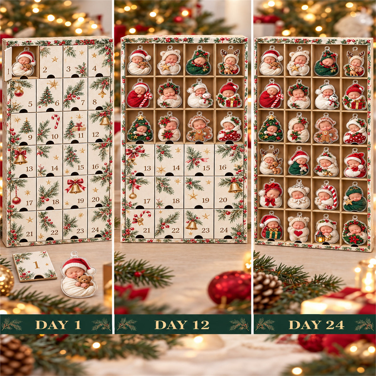 Personalized Newborn First Christmas Advent Calendar with 24 Photo Ornaments