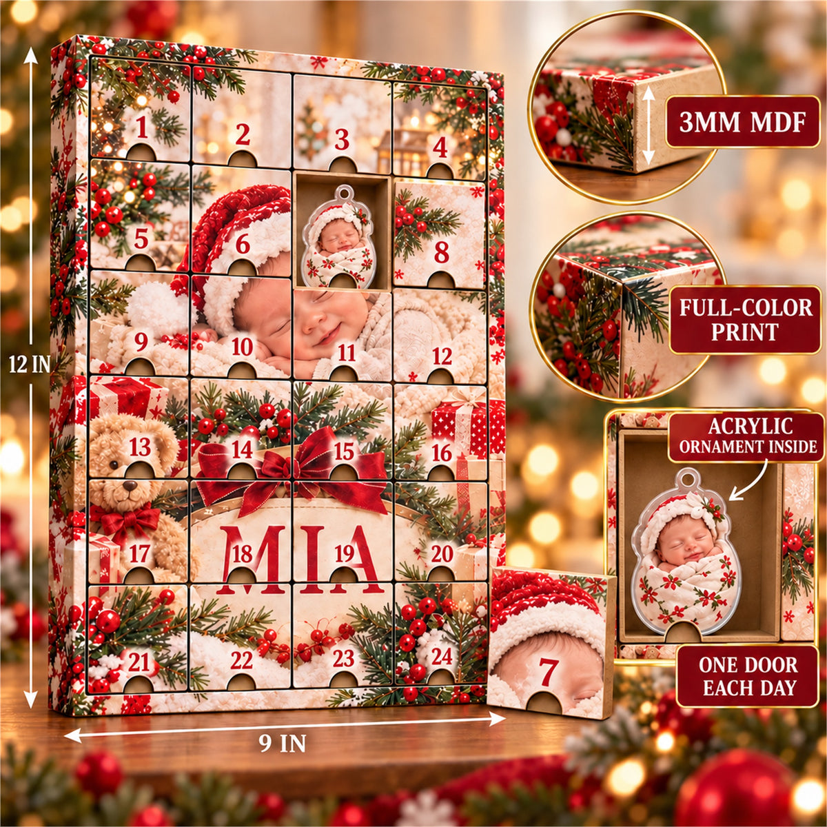 Personalized Newborn First Christmas Advent Calendar with 24 Photo Ornaments