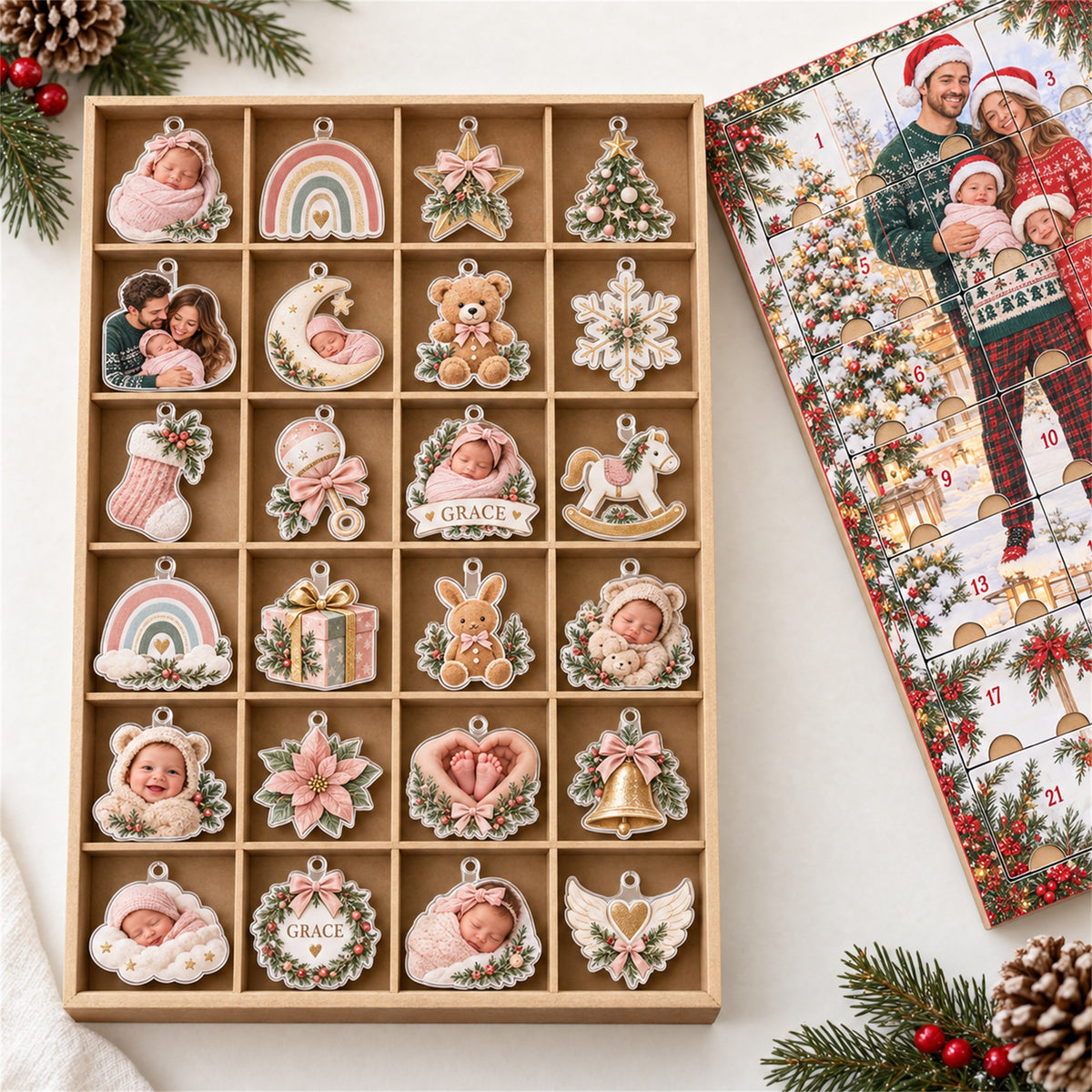Personalized Rainbow Baby First Christmas Advent Calendar with 24 Photo Ornaments