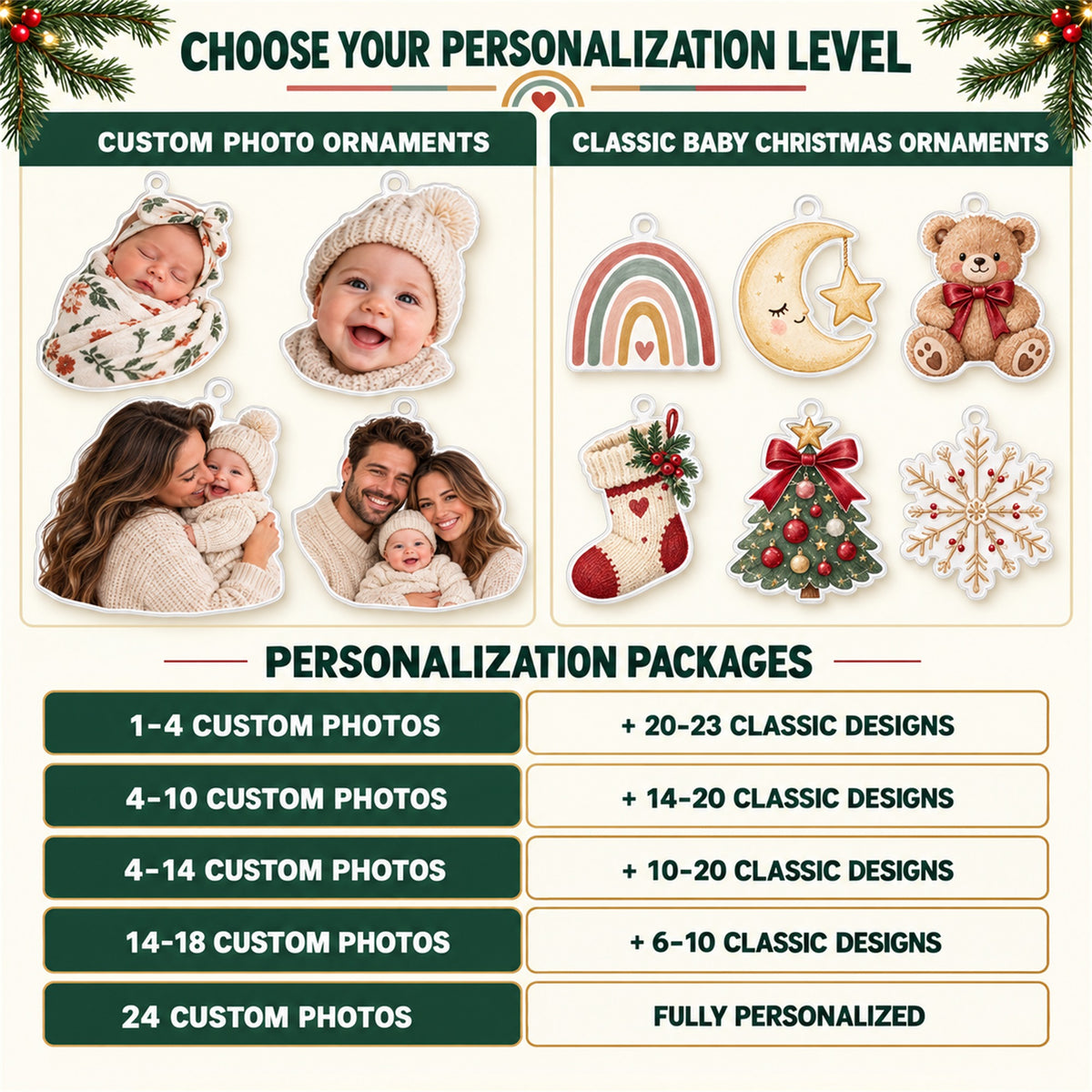Personalized Rainbow Baby First Christmas Advent Calendar with 24 Photo Ornaments