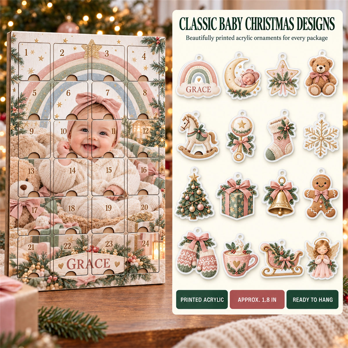 Personalized Rainbow Baby First Christmas Advent Calendar with 24 Photo Ornaments