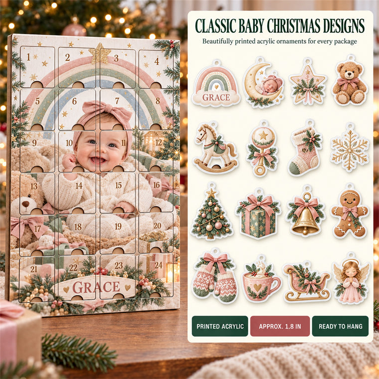 Personalized Rainbow Baby First Christmas Advent Calendar with 24 Photo Ornaments