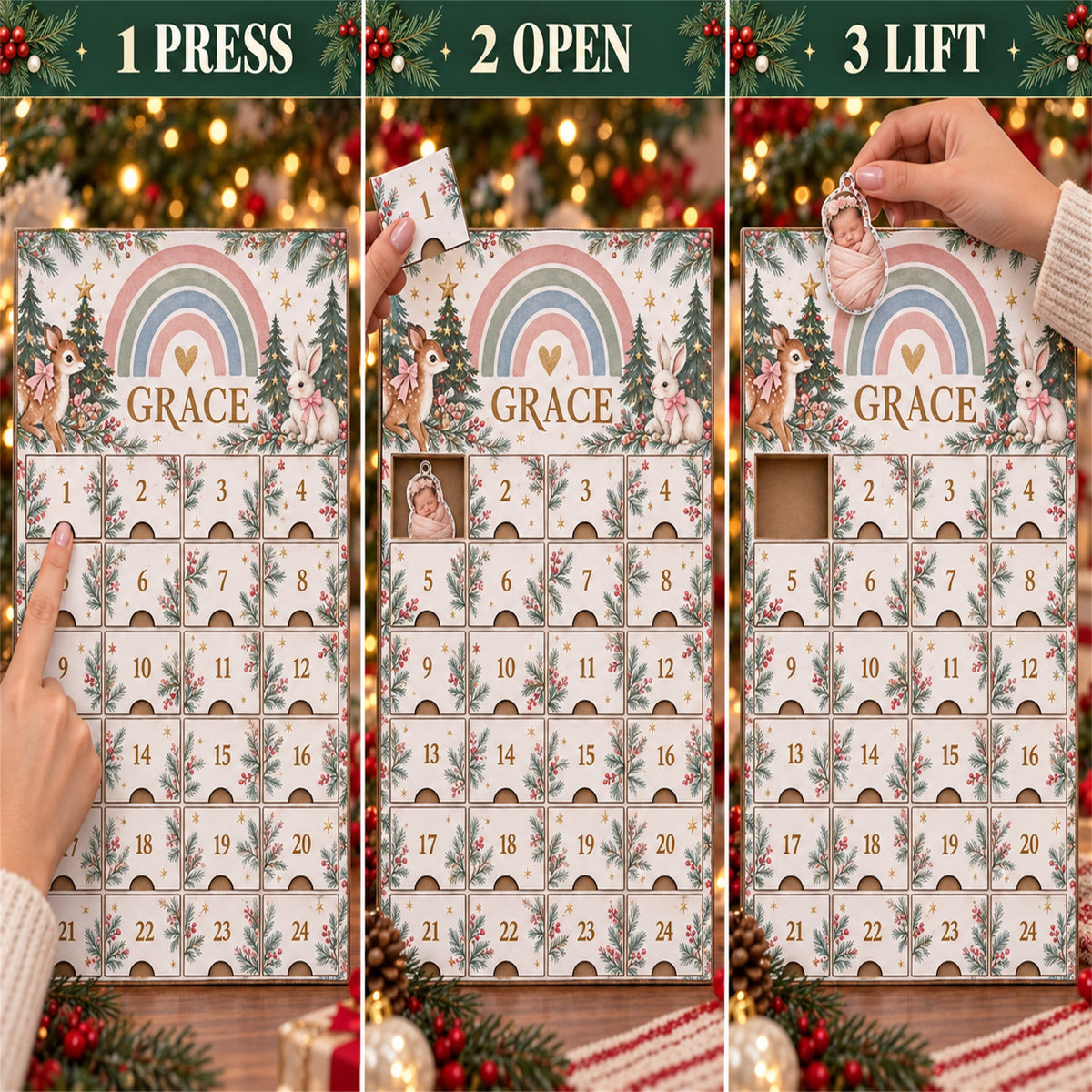 Personalized Rainbow Baby First Christmas Advent Calendar with 24 Photo Ornaments