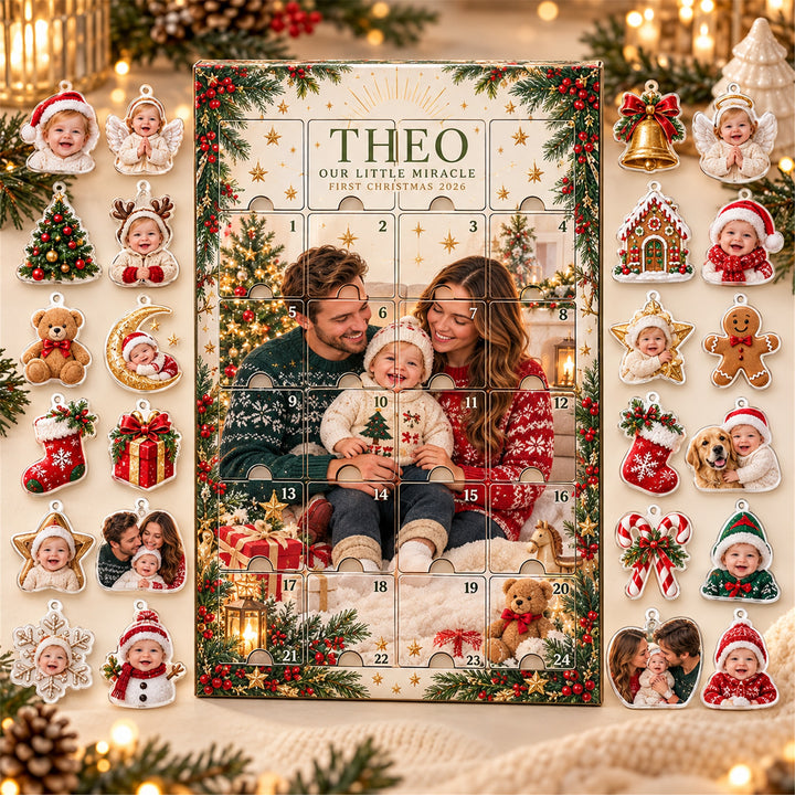 Personalized Miracle Baby First Christmas Advent Calendar with 24 Photo Ornaments