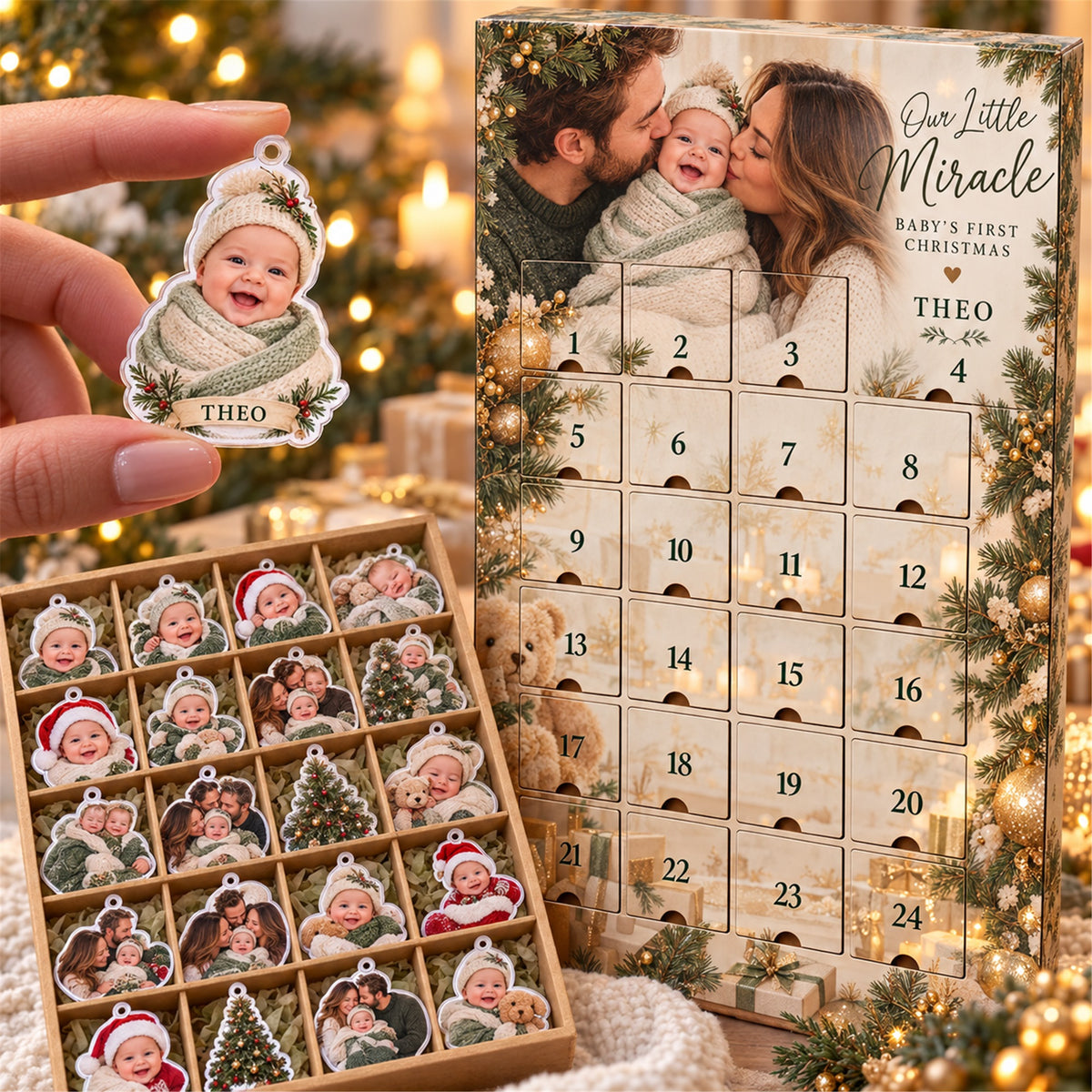Personalized Miracle Baby First Christmas Advent Calendar with 24 Photo Ornaments