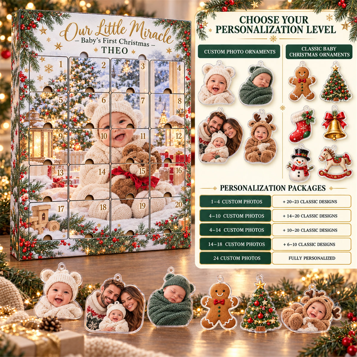 Personalized Miracle Baby First Christmas Advent Calendar with 24 Photo Ornaments