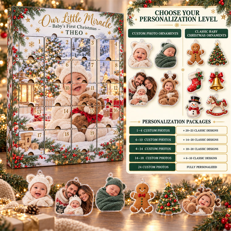 Personalized Miracle Baby First Christmas Advent Calendar with 24 Photo Ornaments