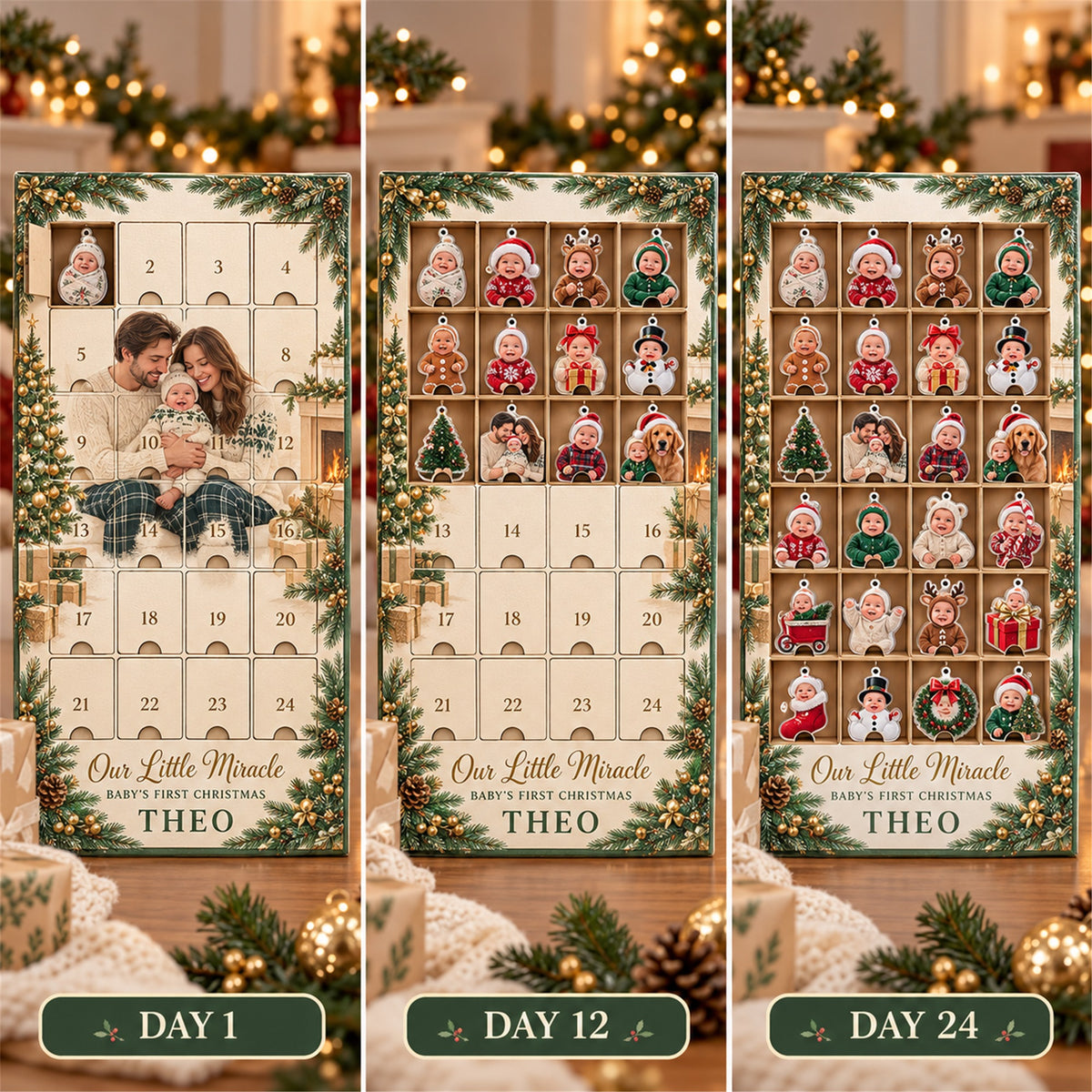 Personalized Miracle Baby First Christmas Advent Calendar with 24 Photo Ornaments