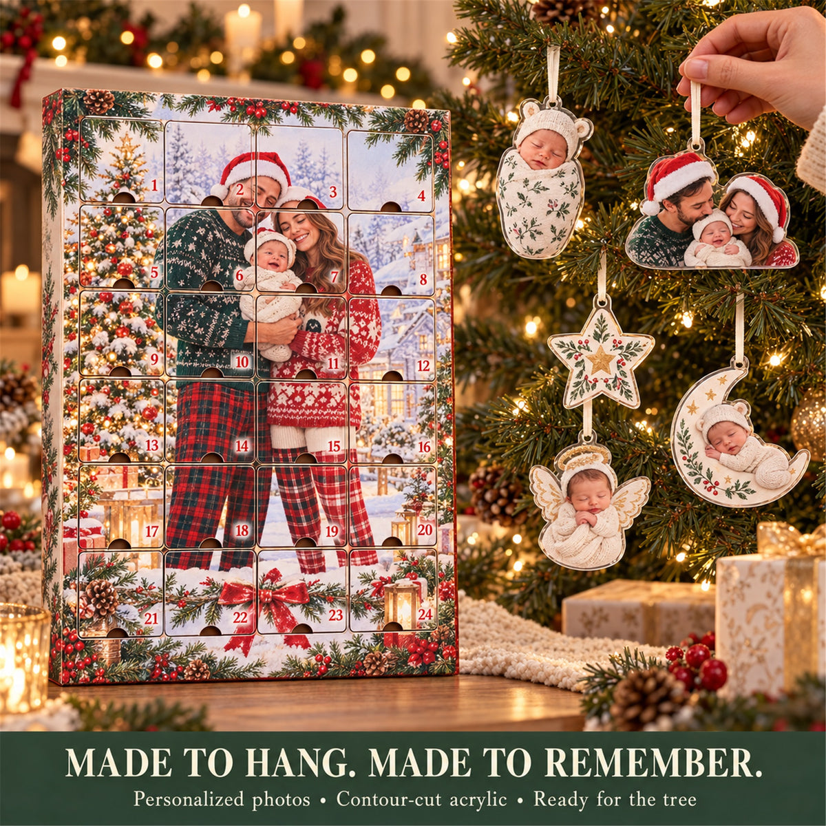 Personalized Miracle Baby First Christmas Advent Calendar with 24 Photo Ornaments