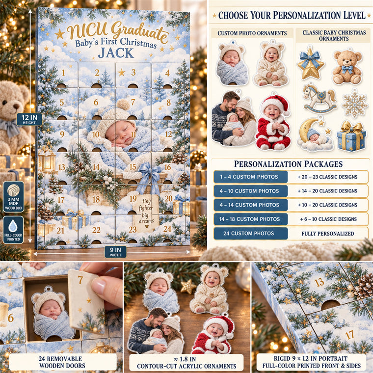 Personalized NICU Graduate First Christmas Advent Calendar with 24 Photo Ornaments