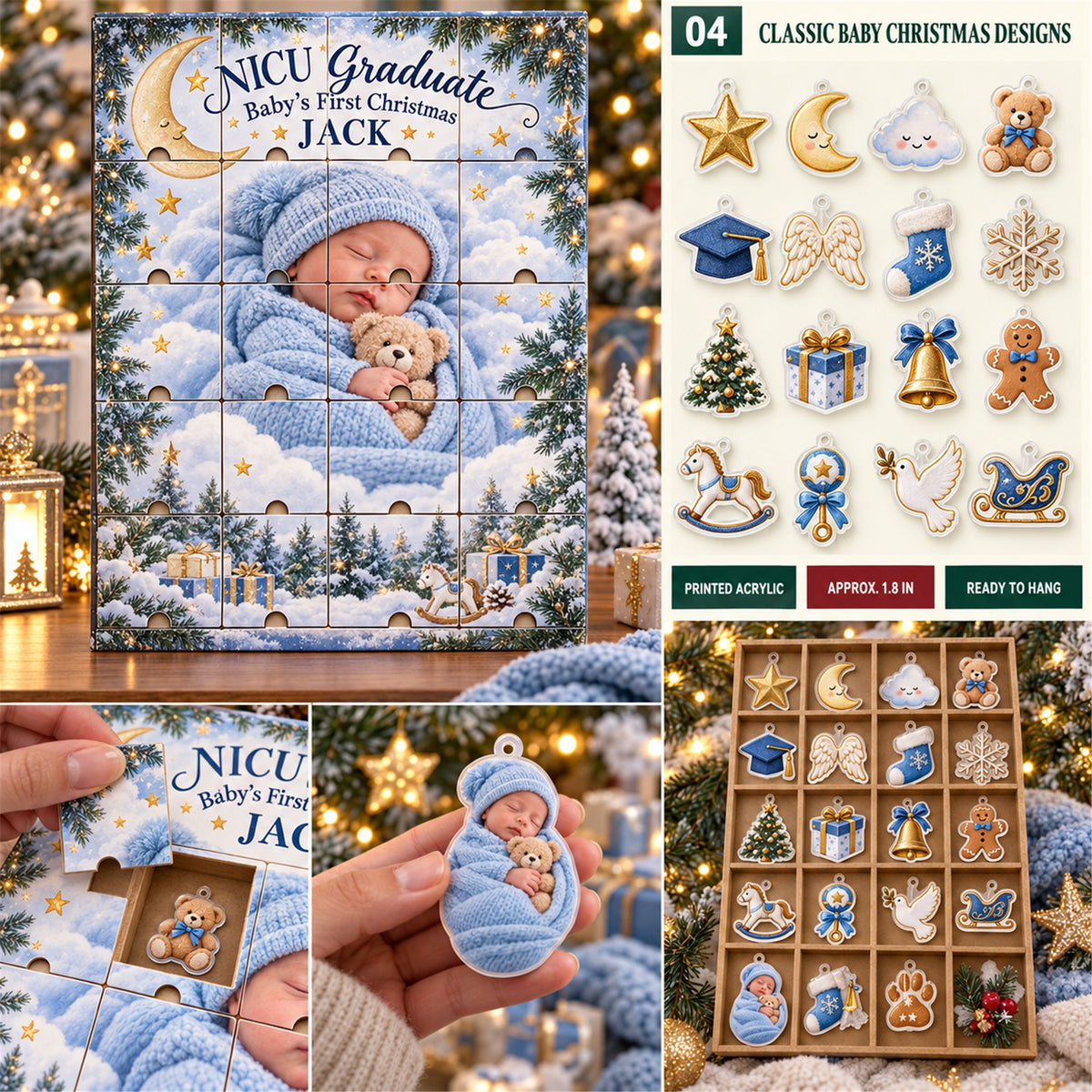 Personalized NICU Graduate First Christmas Advent Calendar with 24 Photo Ornaments