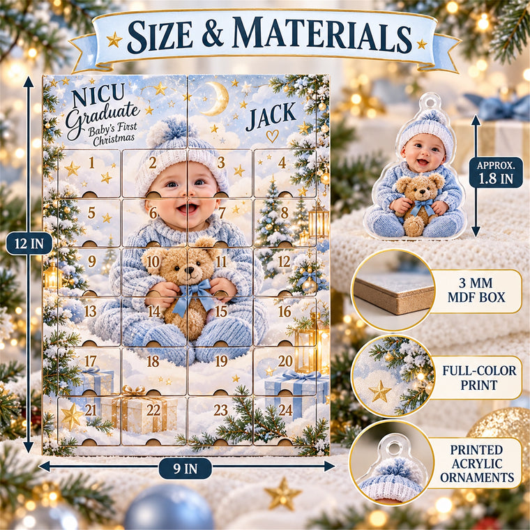 Personalized NICU Graduate First Christmas Advent Calendar with 24 Photo Ornaments