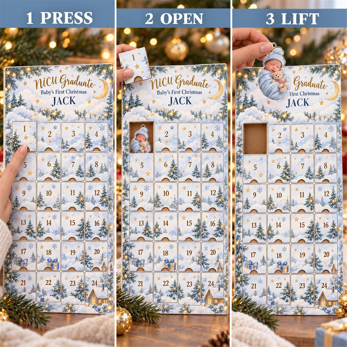 Personalized NICU Graduate First Christmas Advent Calendar with 24 Photo Ornaments