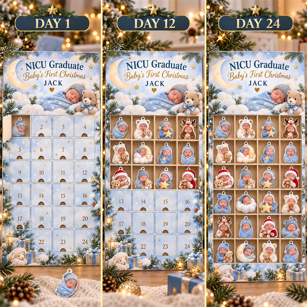 Personalized NICU Graduate First Christmas Advent Calendar with 24 Photo Ornaments
