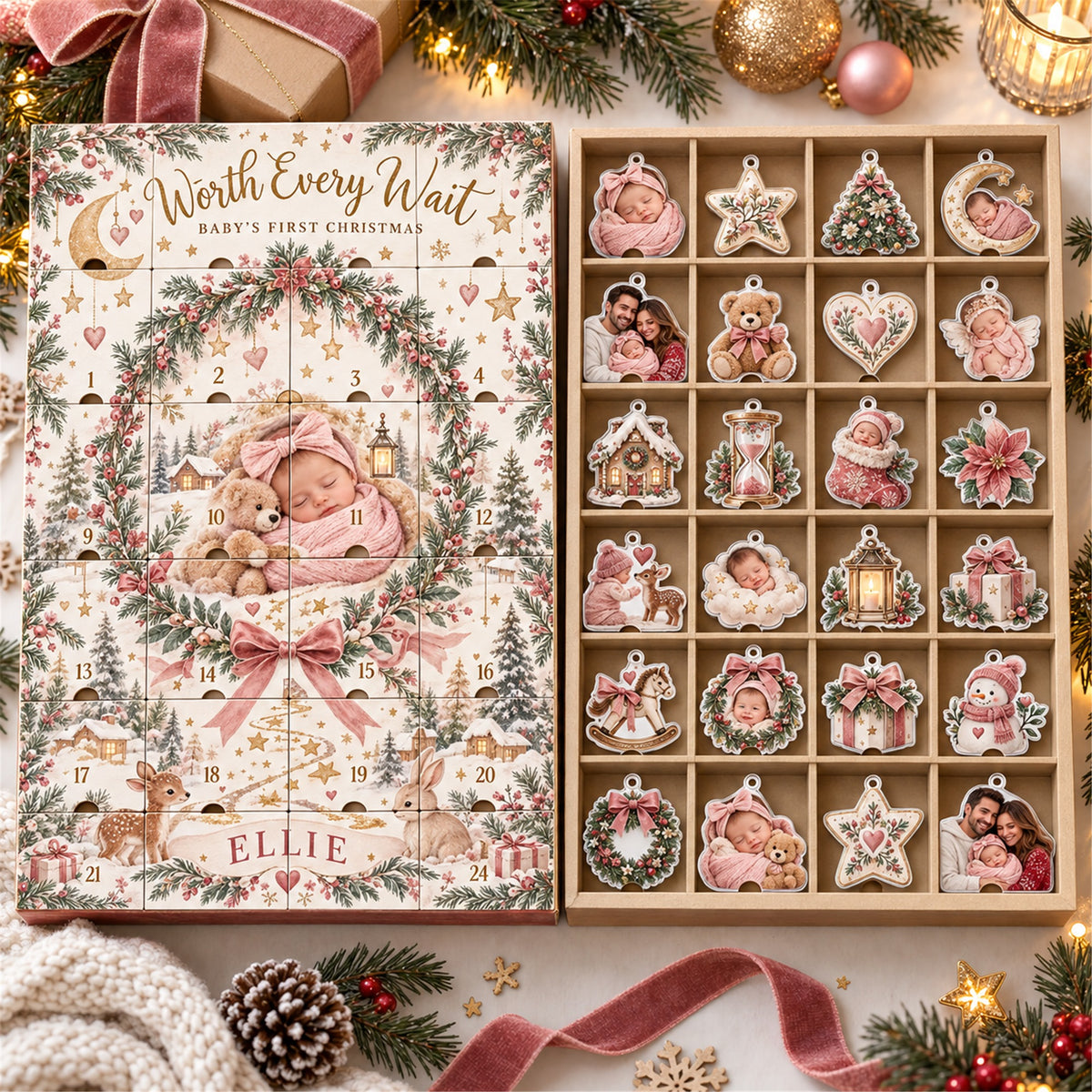 Personalized IVF Baby Worth The Wait Advent Calendar with 24 Photo Ornaments