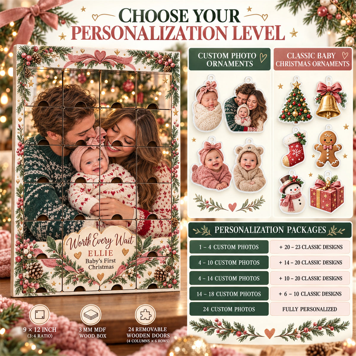 Personalized IVF Baby Worth The Wait Advent Calendar with 24 Photo Ornaments