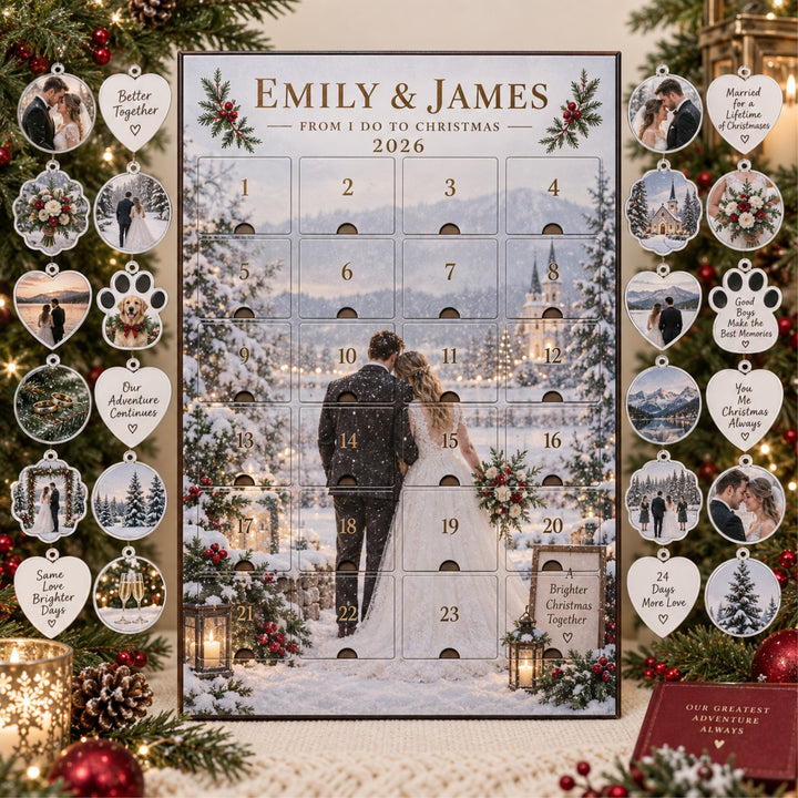 Personalized From I Do To Christmas Advent Calendar with 24 Photo Ornaments