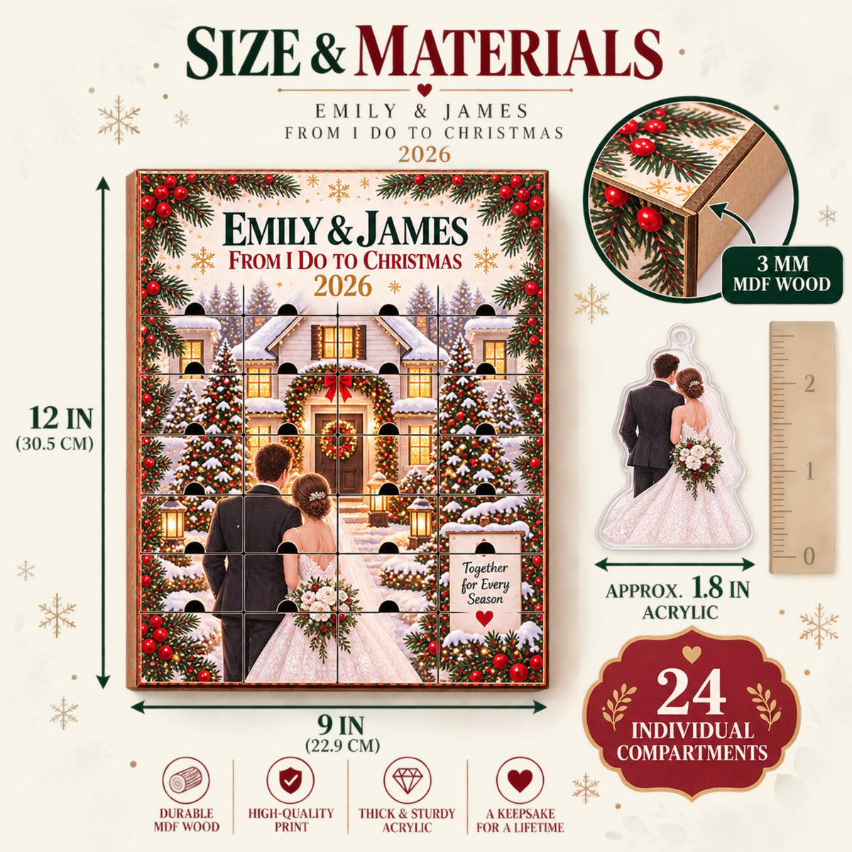 Personalized From I Do To Christmas Advent Calendar with 24 Photo Ornaments