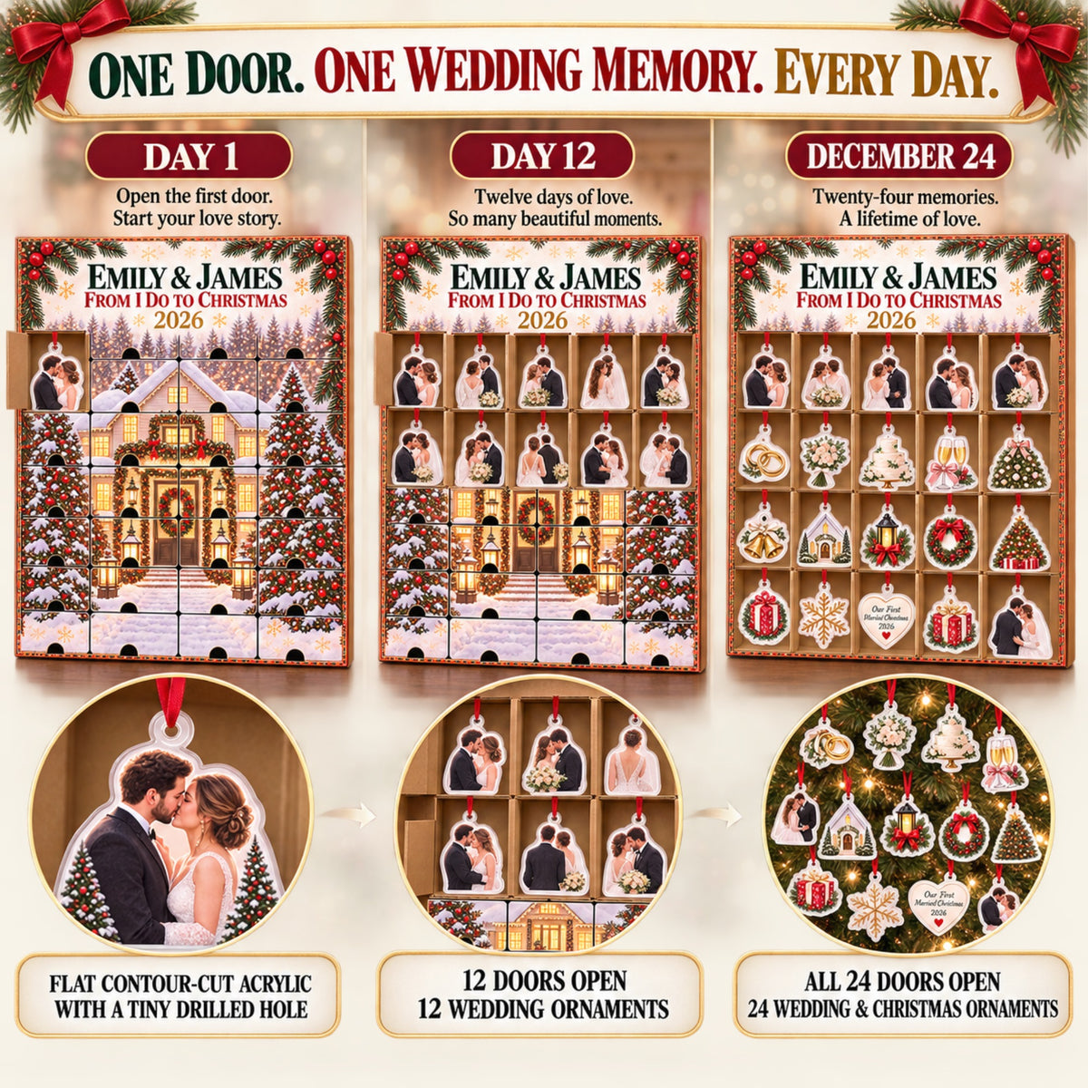 Personalized From I Do To Christmas Advent Calendar with 24 Photo Ornaments