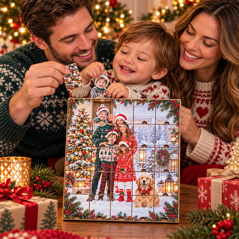 Personalized Adopted Baby First Christmas Advent Calendar with 24 Photo Ornaments