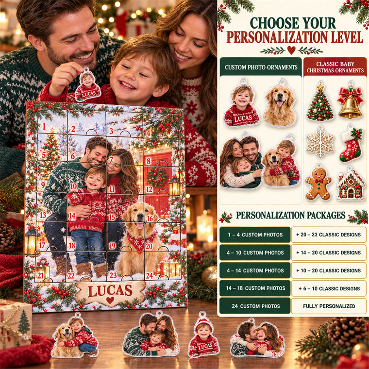 Personalized Adopted Baby First Christmas Advent Calendar with 24 Photo Ornaments