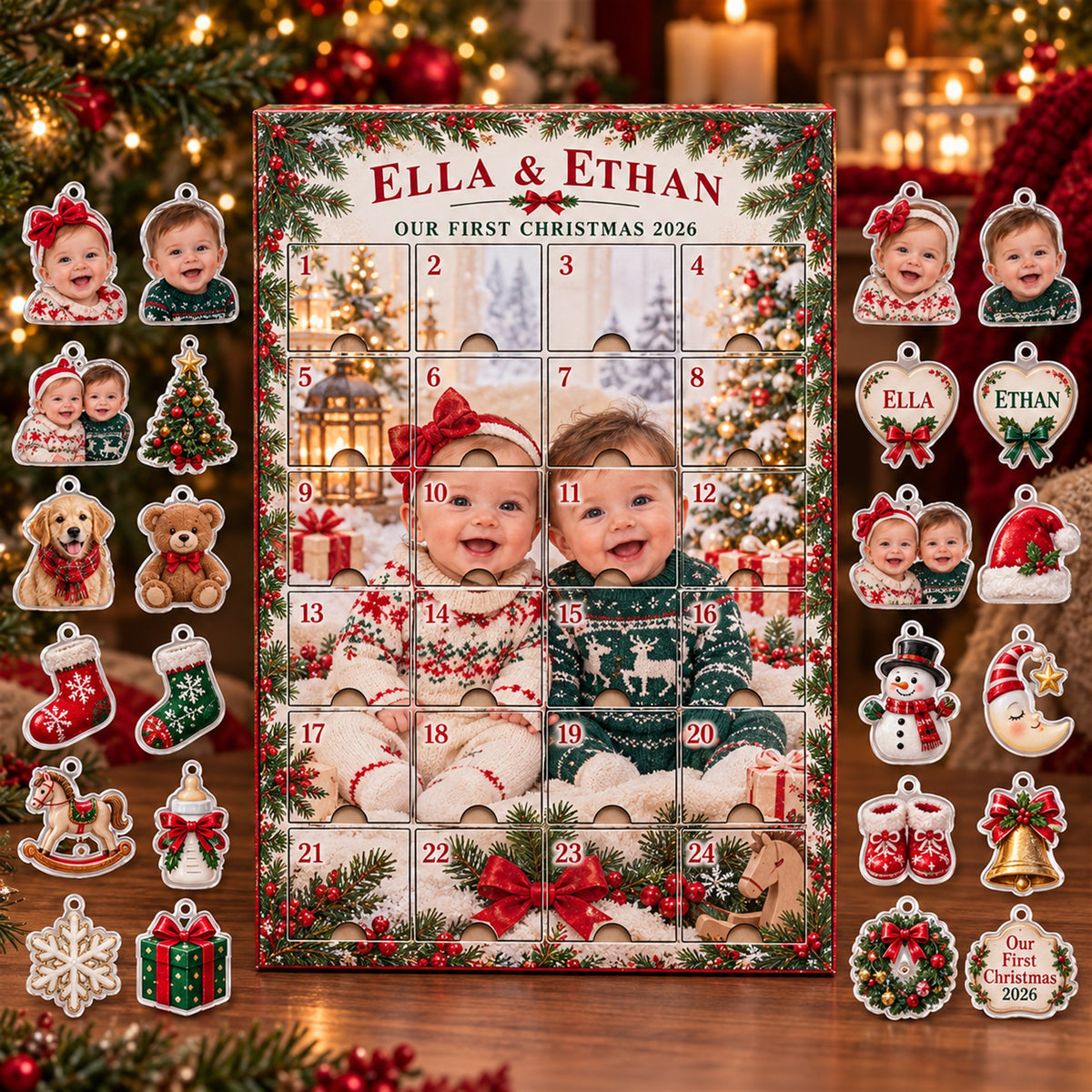 Personalized Twins First Christmas Advent Calendar with 24 Photo Ornaments