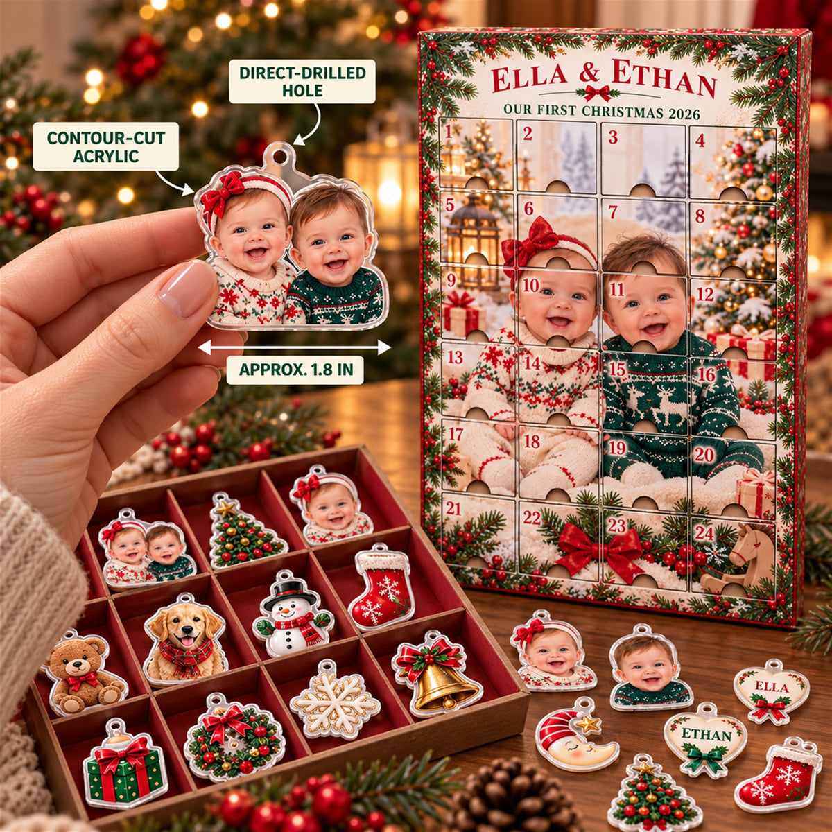 Personalized Twins First Christmas Advent Calendar with 24 Photo Ornaments