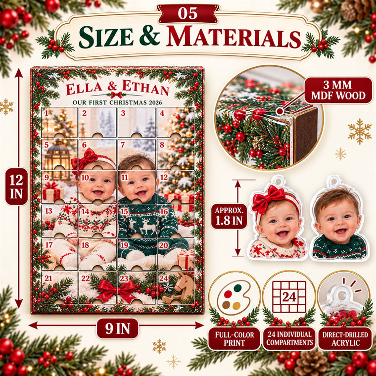 Personalized Twins First Christmas Advent Calendar with 24 Photo Ornaments