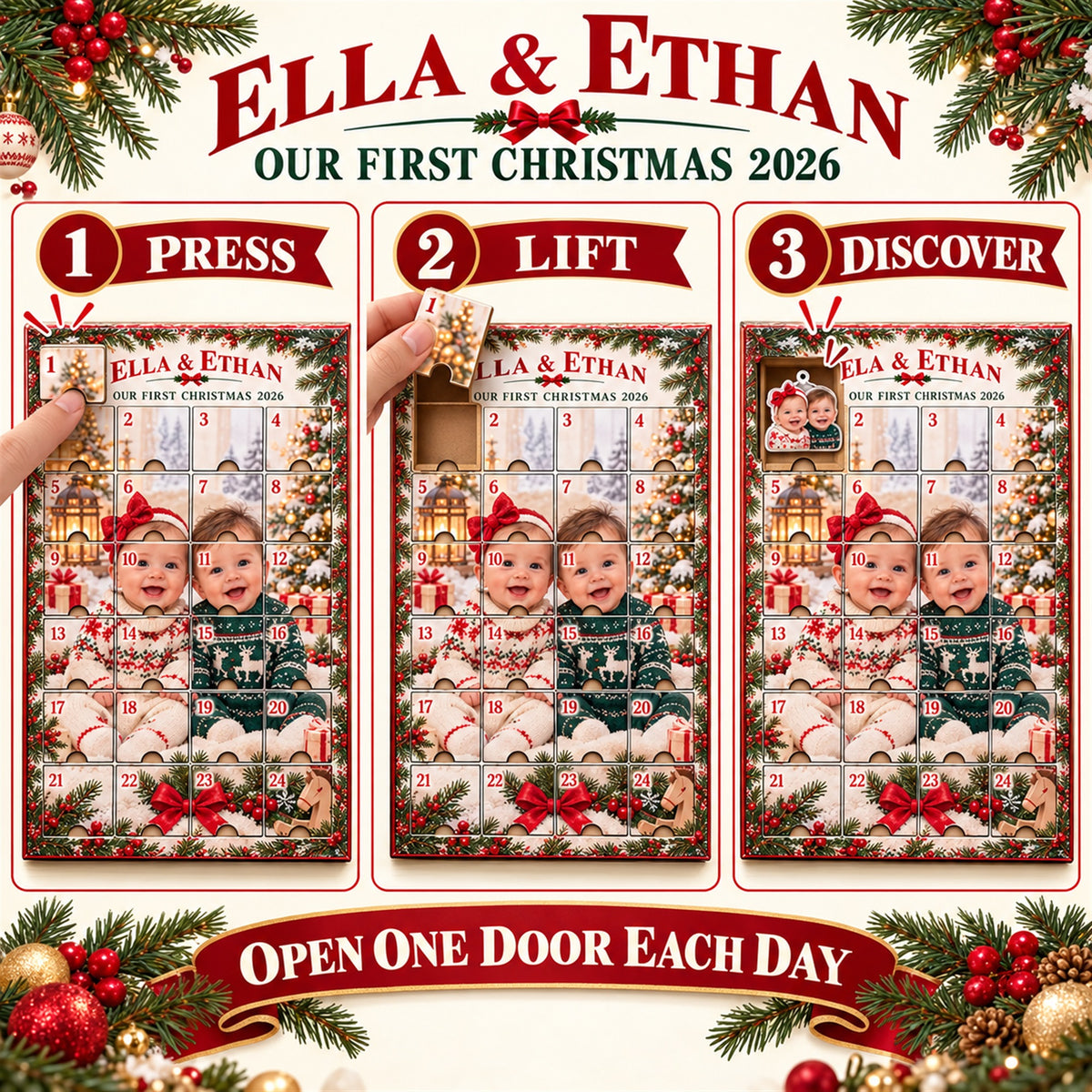 Personalized Twins First Christmas Advent Calendar with 24 Photo Ornaments