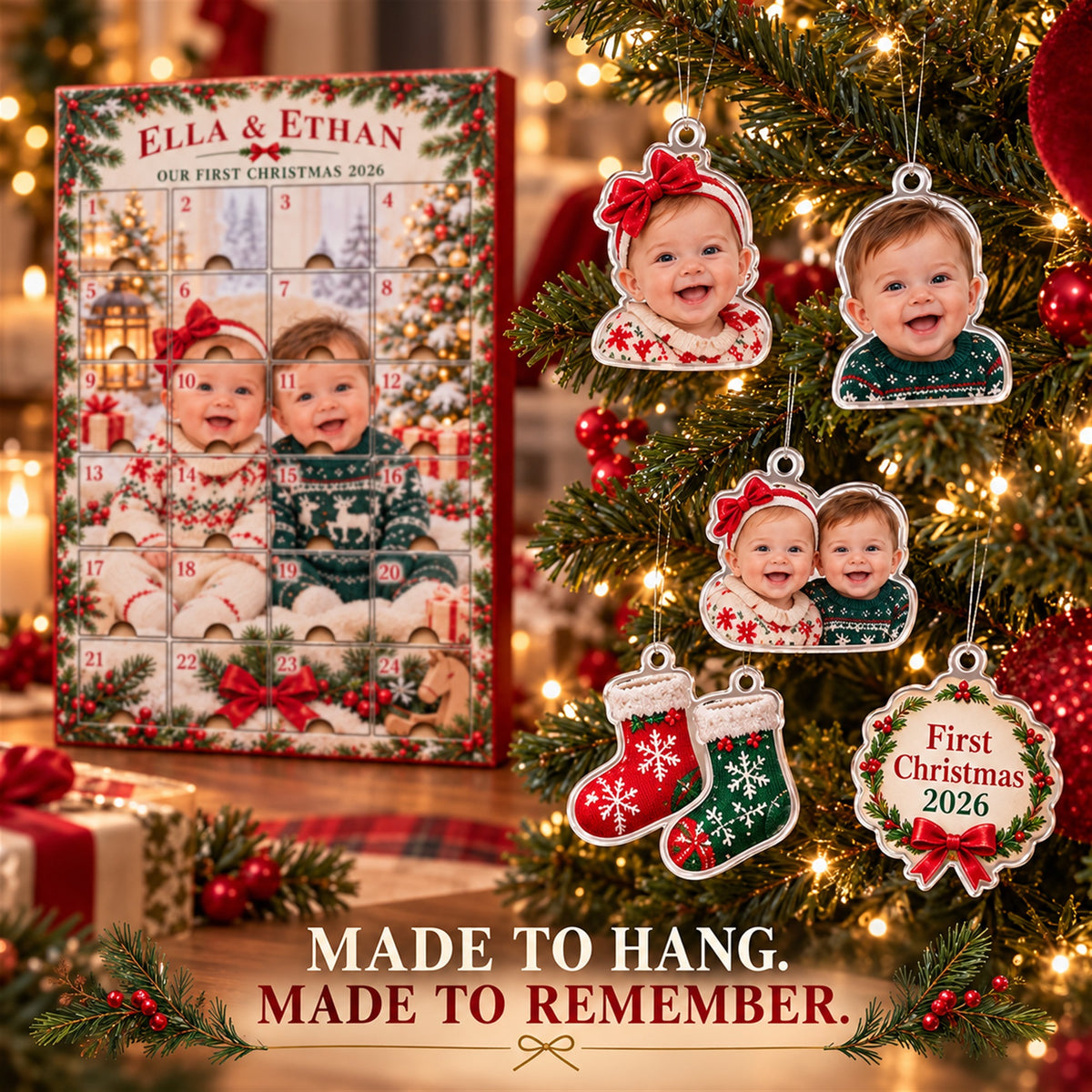 Personalized Twins First Christmas Advent Calendar with 24 Photo Ornaments