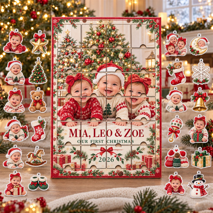 Personalized Triplets First Christmas Advent Calendar with 24 Photo Ornaments