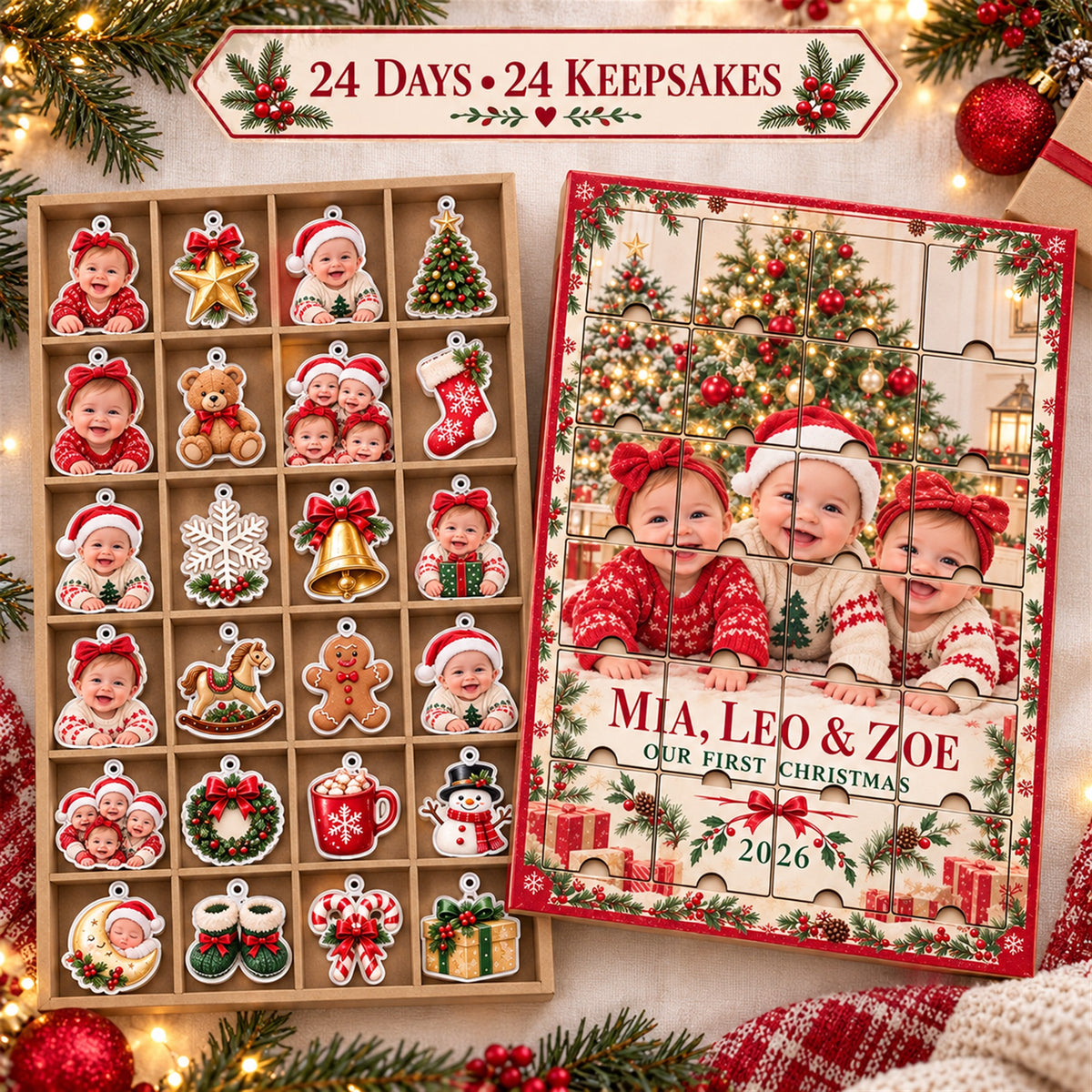 Personalized Triplets First Christmas Advent Calendar with 24 Photo Ornaments