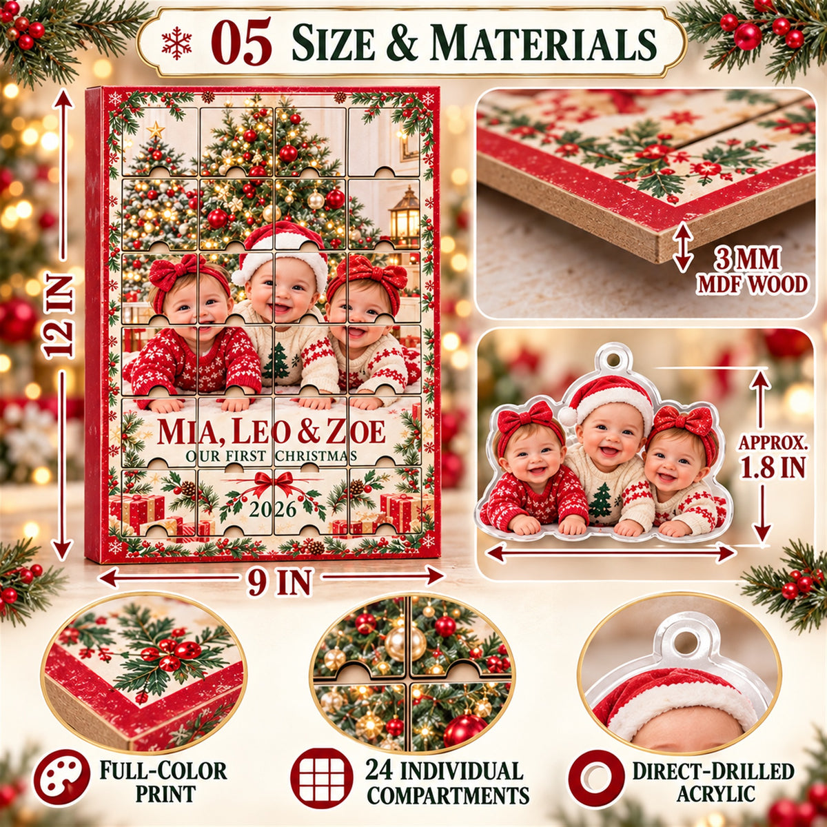 Personalized Triplets First Christmas Advent Calendar with 24 Photo Ornaments
