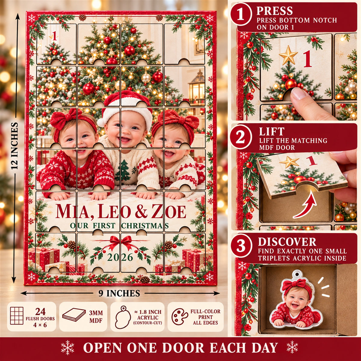 Personalized Triplets First Christmas Advent Calendar with 24 Photo Ornaments