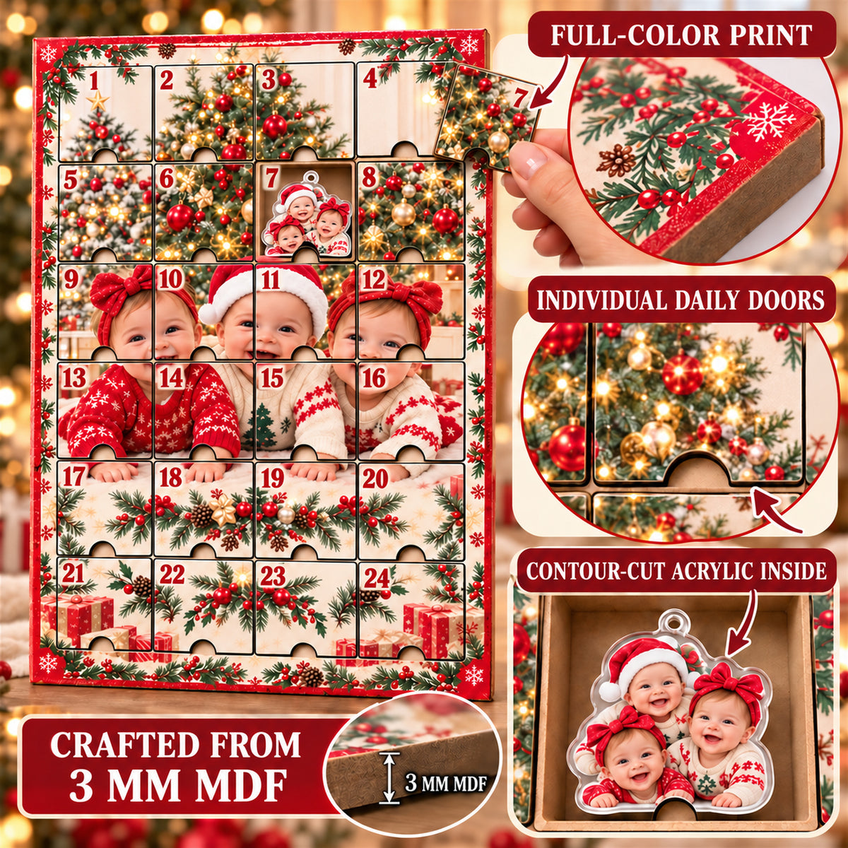 Personalized Triplets First Christmas Advent Calendar with 24 Photo Ornaments