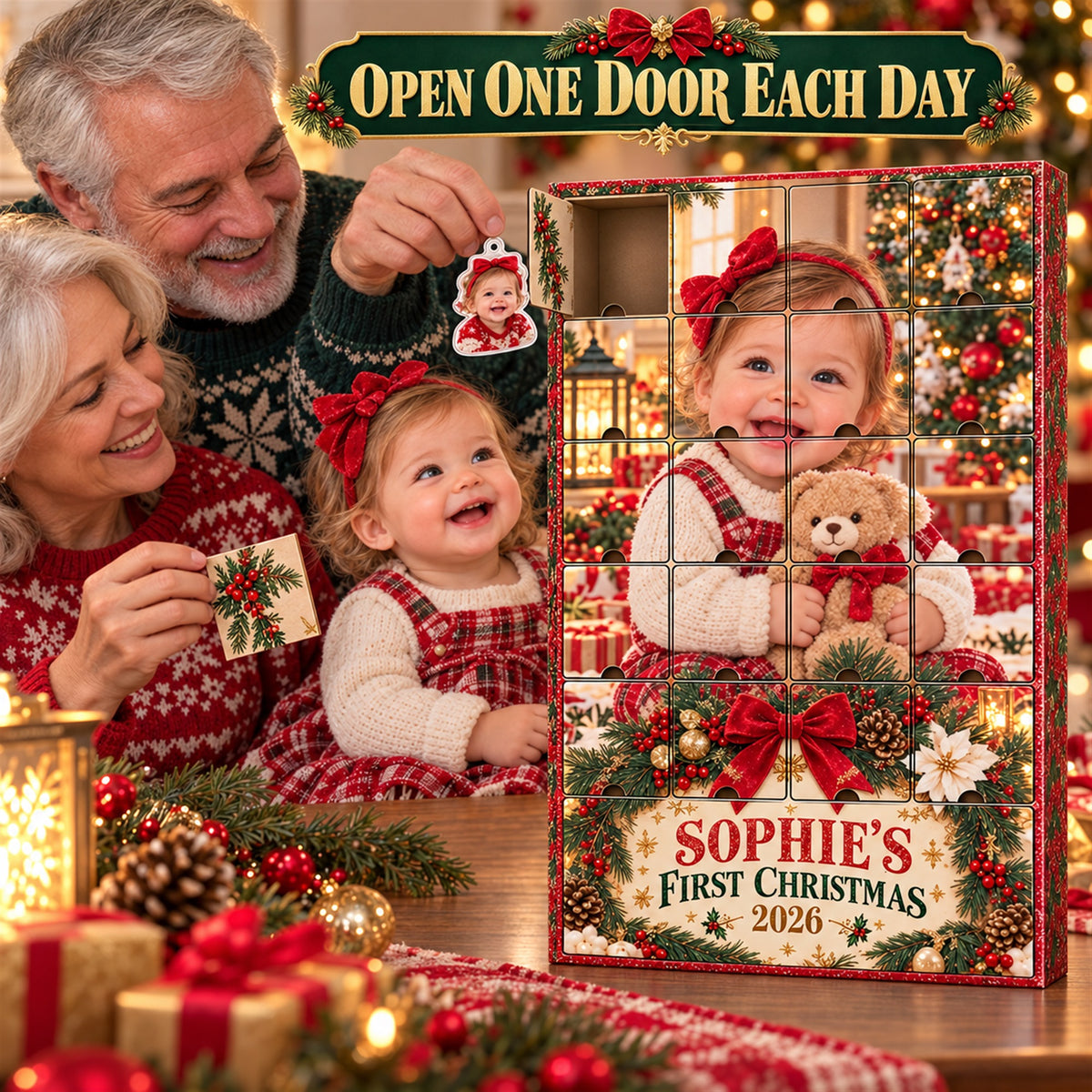 Personalized First Grandbaby Christmas Advent Calendar with 24 Photo Ornaments