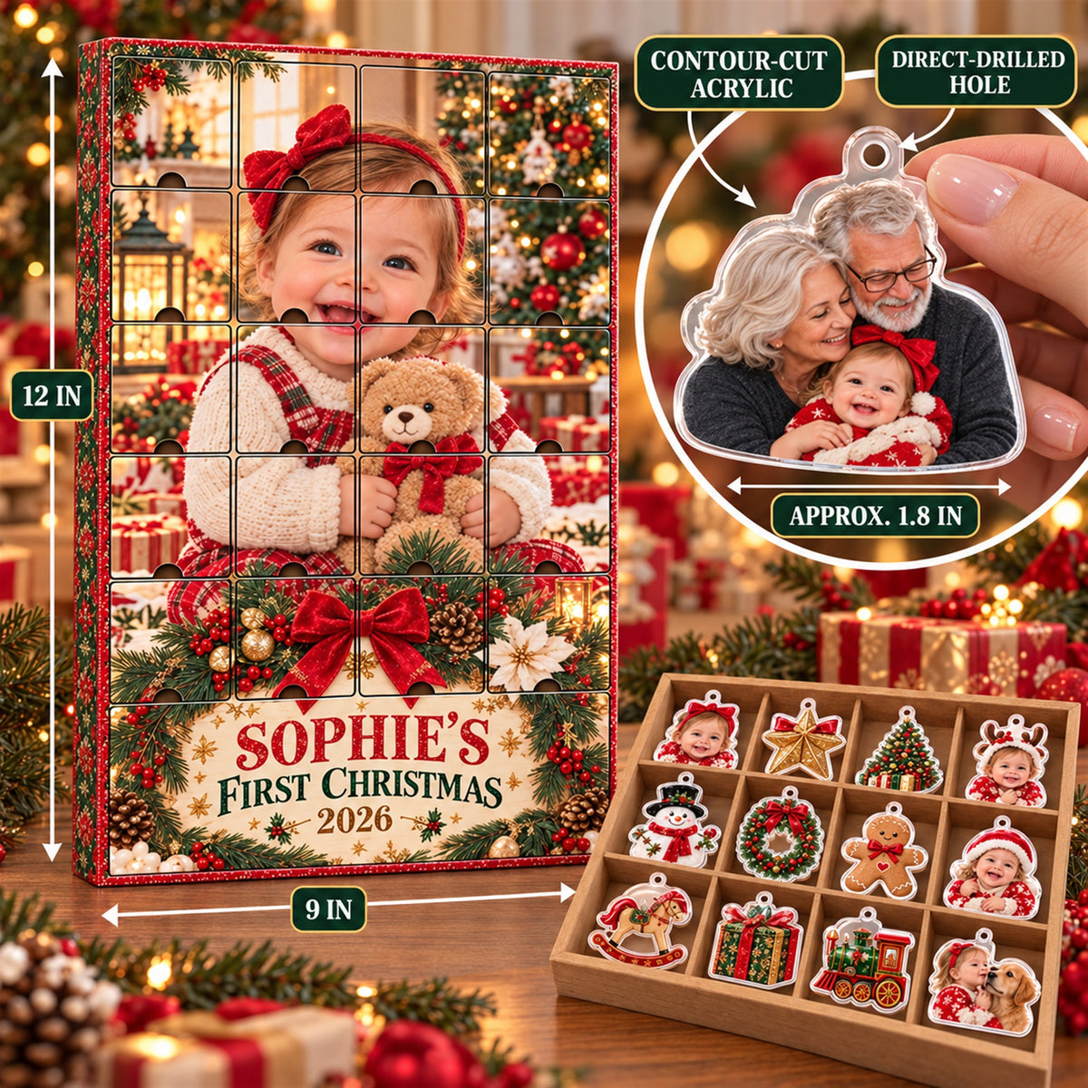 Personalized First Grandbaby Christmas Advent Calendar with 24 Photo Ornaments