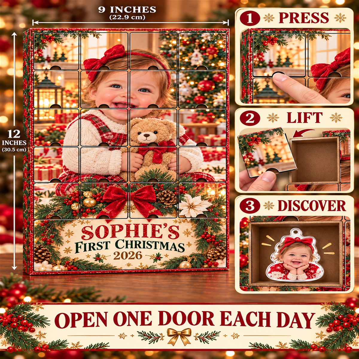 Personalized First Grandbaby Christmas Advent Calendar with 24 Photo Ornaments