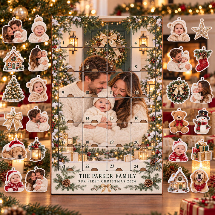 Personalized First Christmas Family of Three Advent Calendar with 24 Photo Ornaments