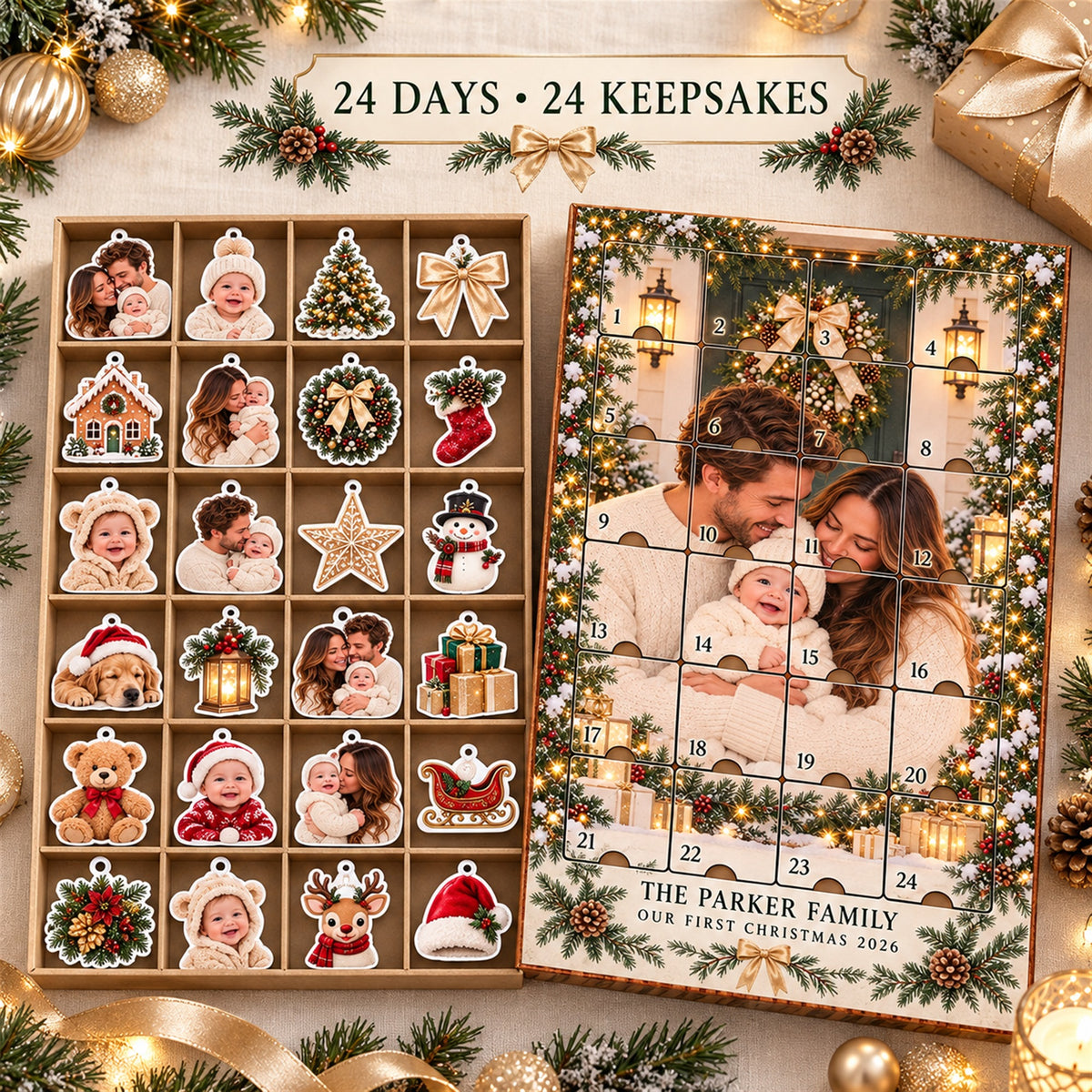 Personalized First Christmas Family of Three Advent Calendar with 24 Photo Ornaments