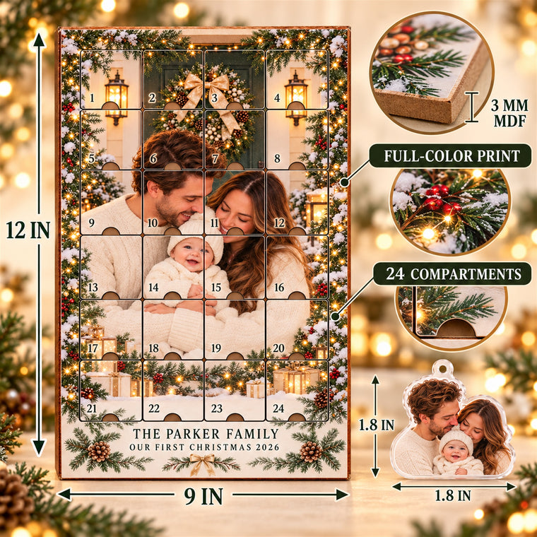 Personalized First Christmas Family of Three Advent Calendar with 24 Photo Ornaments