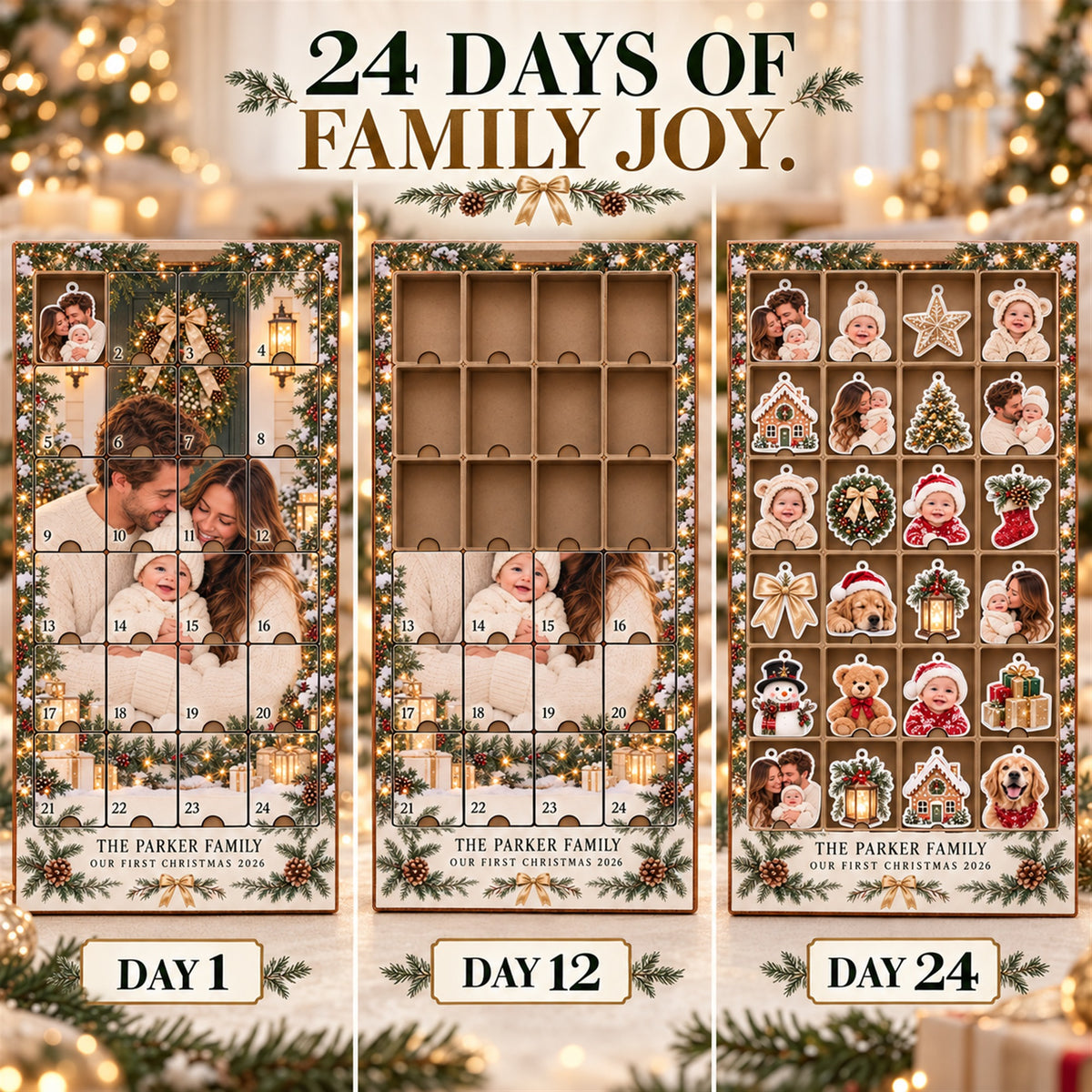 Personalized First Christmas Family of Three Advent Calendar with 24 Photo Ornaments