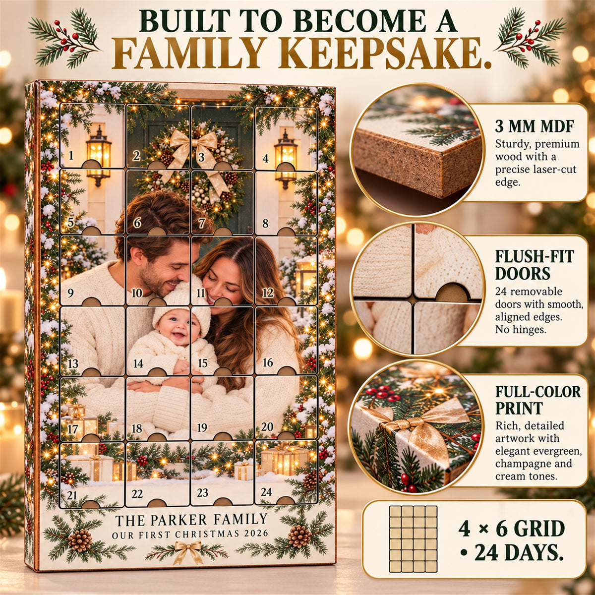 Personalized First Christmas Family of Three Advent Calendar with 24 Photo Ornaments