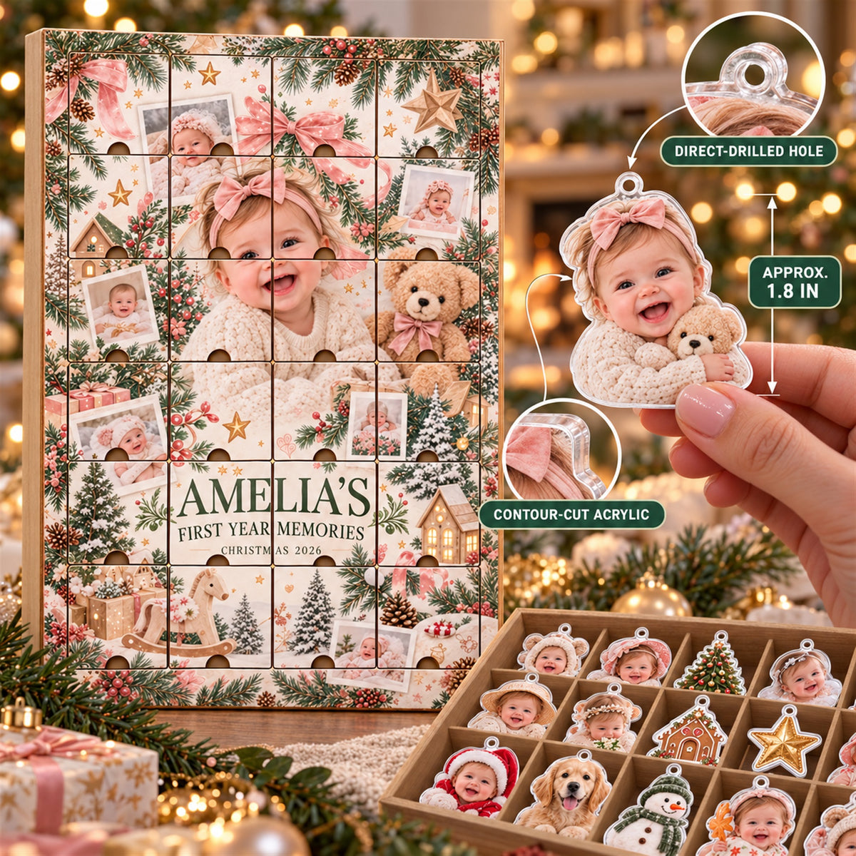 Personalized Baby's First Year Memories Advent Calendar with 24 Photo Ornaments