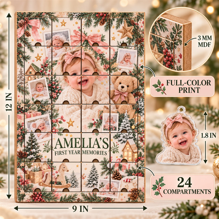 Personalized Baby's First Year Memories Advent Calendar with 24 Photo Ornaments