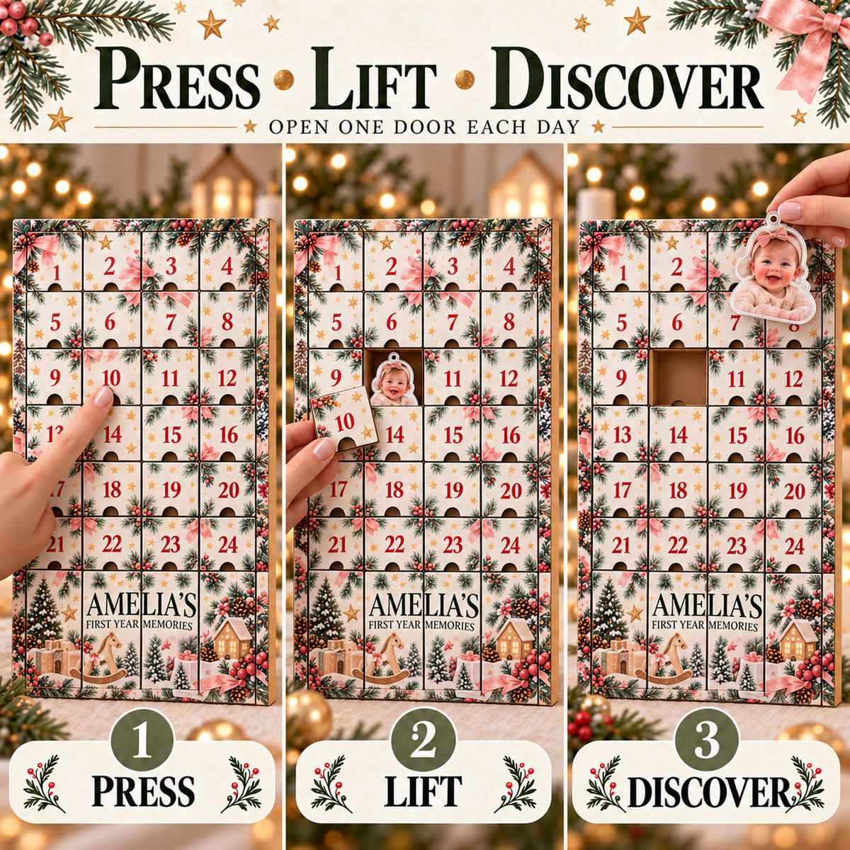 Personalized Baby's First Year Memories Advent Calendar with 24 Photo Ornaments