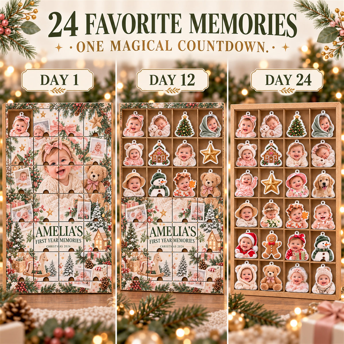 Personalized Baby's First Year Memories Advent Calendar with 24 Photo Ornaments